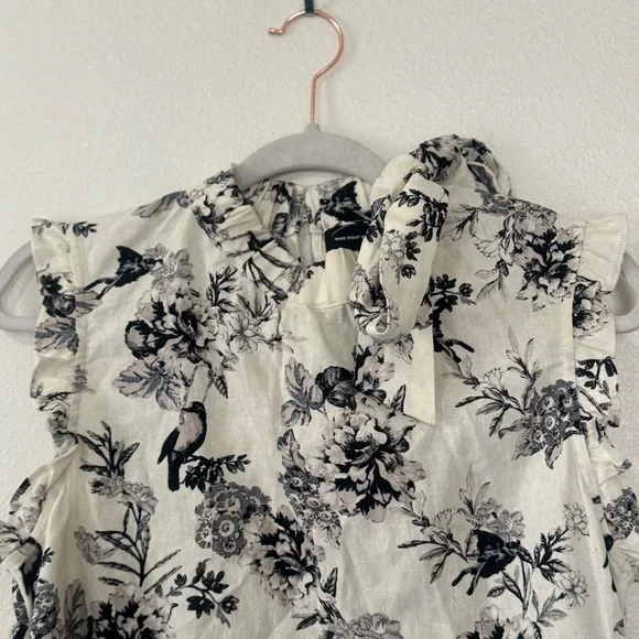 Who What Wear Floral Print Sleeveless Blouse Top Tie Neck Linen Black Cream M - Picture 4 of 10
